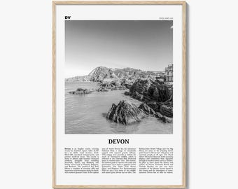 Plakat Devon w czerni i bieli, Wielka Brytania, dekoracja ścienna, wystrój południowo-zachodni