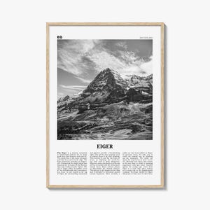 Póster del Eiger en blanco y negro, foto de la montaña Eiger, arte mural de viaje de Suiza, Alpes