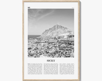 Plakat z Sycylii w czerni i bieli, Włochy, sztuka ścienna, wystrój śródziemnomorski Sycylii