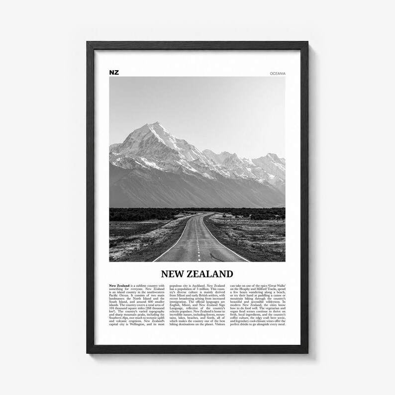 New Zealand Poster, black and white photo print in a black wood frame
