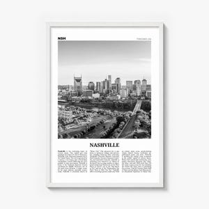 Nashville Poster, black and white skyline photo print in a white wood frame