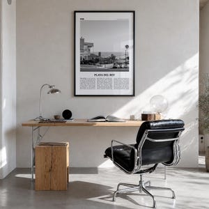 Playa del Rey Poster, Black and White Photo Print, Travel Newspaper Wall Art Premium Black Wood Frame