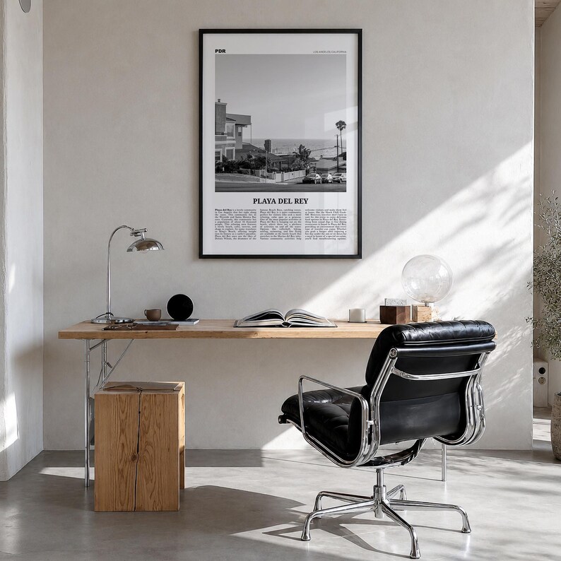 Playa del Rey Poster, Black and White Photo Print, Travel Newspaper Wall Art Premium Black Wood Frame