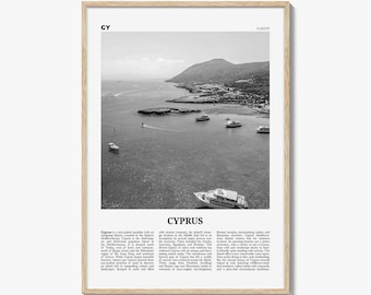 Cartaz impresso em preto e branco sobre Chipre, arte de parede de viagem pela Europa, fotografia costeira do Mediterrâneo