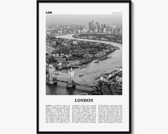 London Poster, Black and White Skyline Photo Print, Travel Newspaper Wall Art