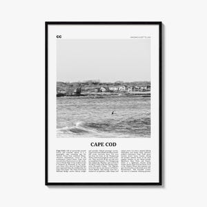 May include: A black and white framed wall art print featuring a coastal landscape of Cape Cod, Massachusetts. The image shows a shoreline with houses, ocean waves, and text detailing the history and geography of the region in a clean layout.