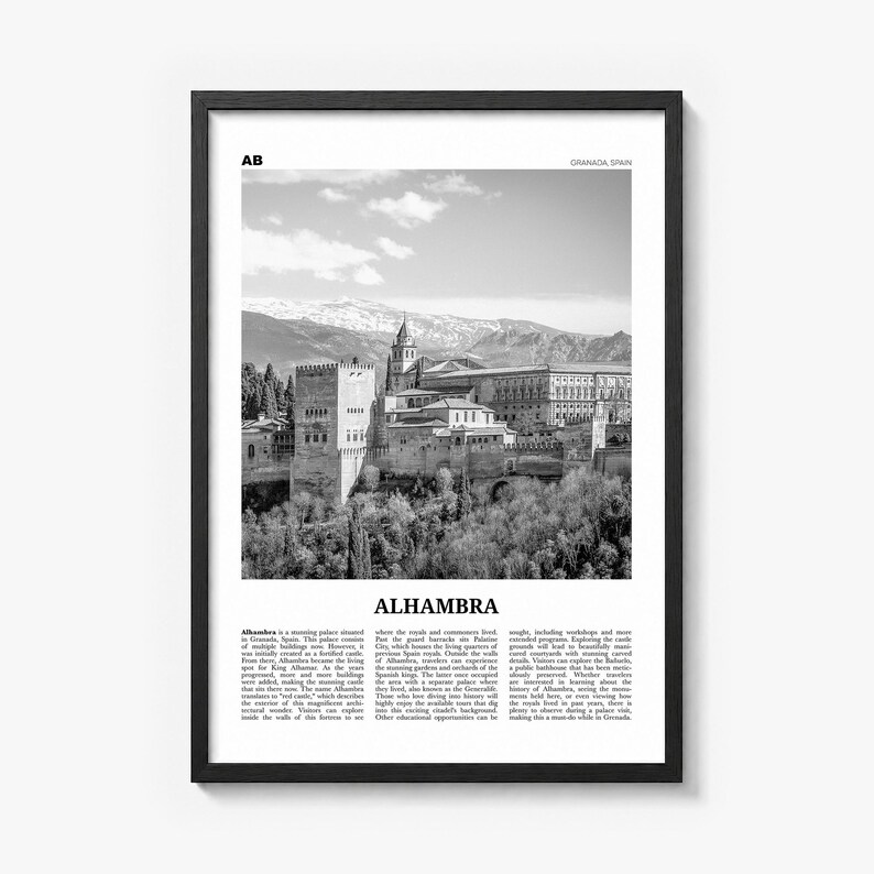 Alhambra Poster, black and white photo print in a black wood frame