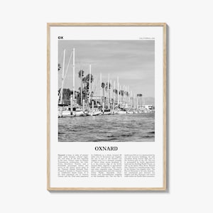 Plakat Oxnard w czerni i bieli, kalifornijska sztuka ścienna, wystrój wybrzeża hrabstwa Ventura