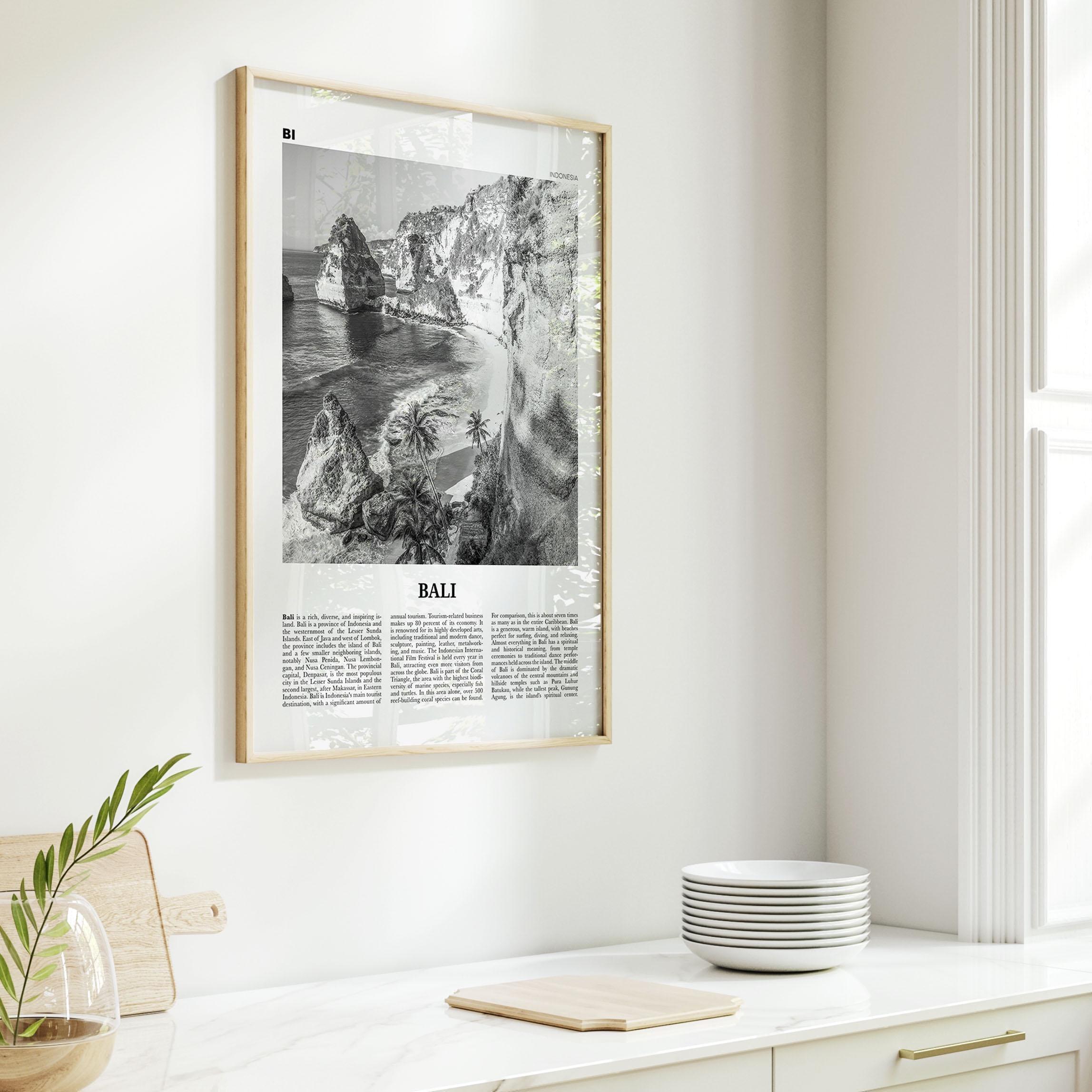 バリ島の白黒ポスタープリント、インドネシア旅行の壁アート、海岸の崖