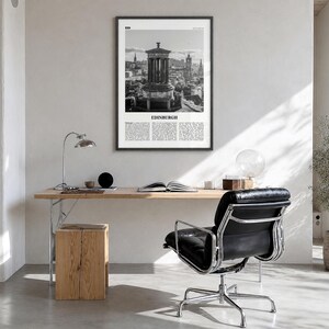 Edinburgh Poster, black and white monument photo print in a black wood frame, hanging in a bright home office