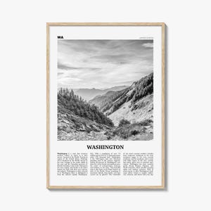 Impresión en blanco y negro del estado de Washington n.º 2, arte mural del estado de Washington, póster de Washington, EE. UU., Norteamérica