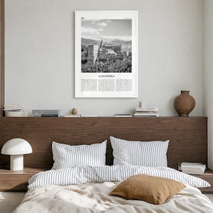 Alhambra Poster, black and white photo print in a white wood frame, hanging in a bedroom