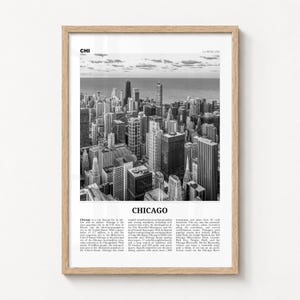 Chicago Print Black and White, Downtown Aerial Wall Art, Lake Michigan, Illinois, USA