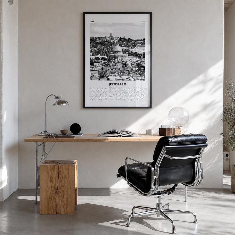 Jerusalem Poster, Black and White Photo Print, Travel Newspaper Wall Art, Home Decor Premium Black Wood Frame