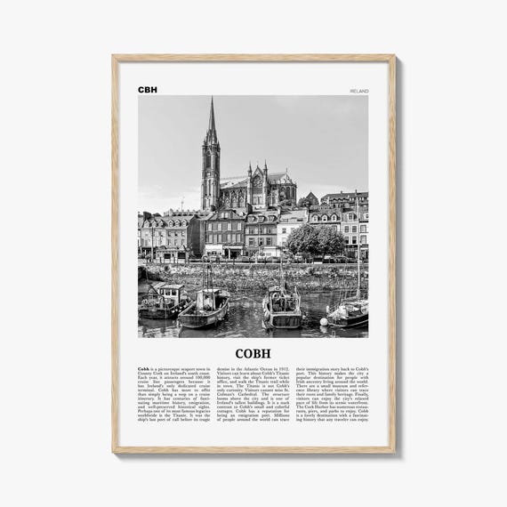 コーブの白黒ポスタープリント、セント・コルマン大聖堂の写真