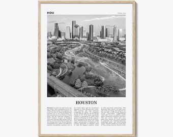 Póster de Houston en blanco y negro, arte mural turístico de Texas, fotografía del horizonte de Houston