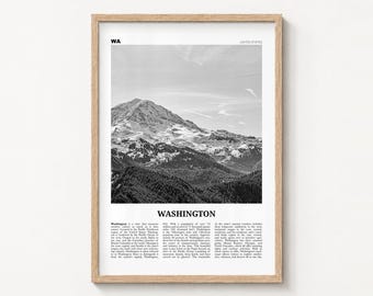 Washington State Poster Print, Black and White Mount Rainier Wall Art