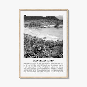 Póster de Manuel Antonio en blanco y negro, arte mural turístico de Costa Rica, decoración tropical