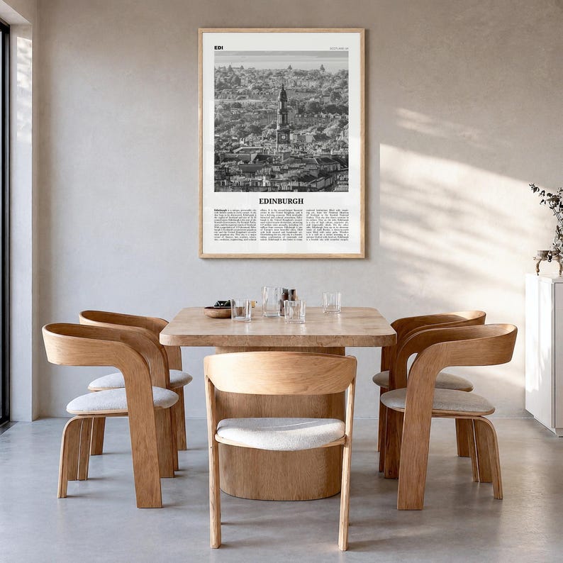 Edinburgh Poster, black and white photo print in a natural wood frame, hanging in a dining room