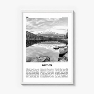 Oregon Poster, black and white lake photo print in a white wood frame