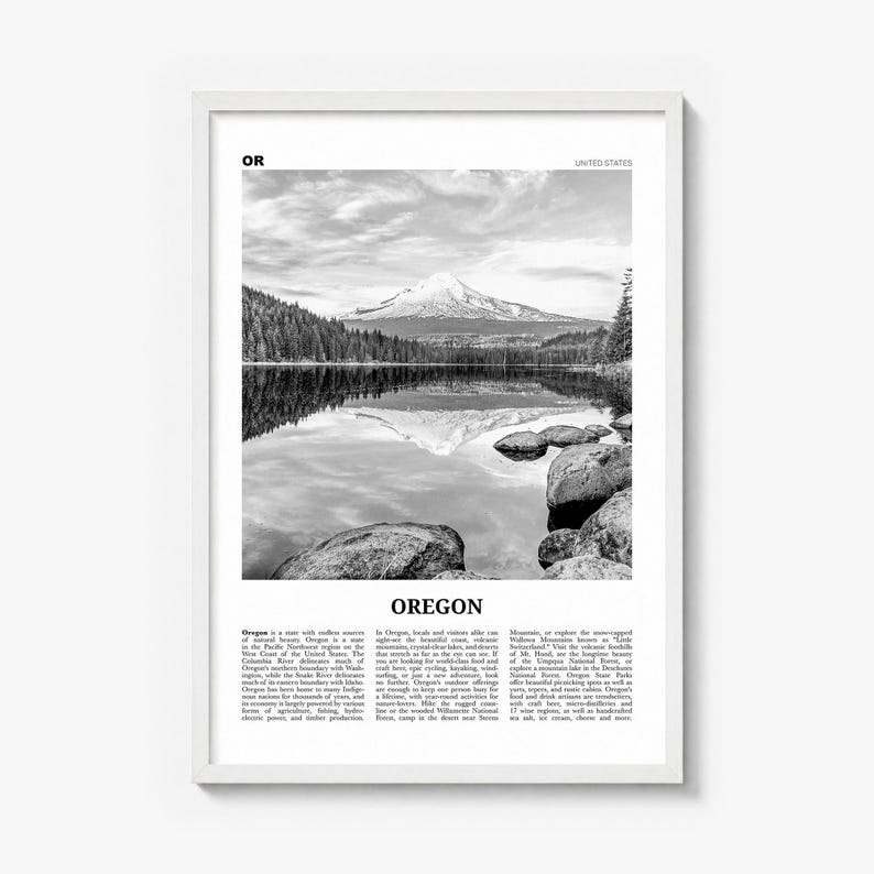 Oregon Poster, black and white lake photo print in a white wood frame