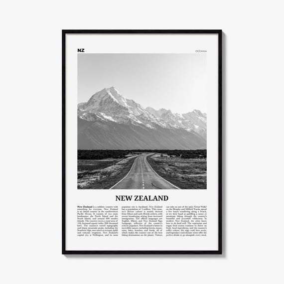 New Zealand Poster, Black and White Photo Print, Travel Newspaper Wall Art, Home Decor