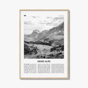 Impresión en blanco y negro de los Alpes suizos, arte mural de los Alpes suizos, póster de los Alpes suizos, foto de los Alpes suizos, decoración de pared de los Alpes suizos, Suiza