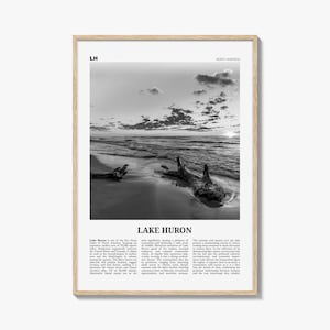 Poster del Lago Huron in bianco e nero, stampa murale di viaggio negli Stati Uniti, decorazioni costiere dei Grandi Laghi