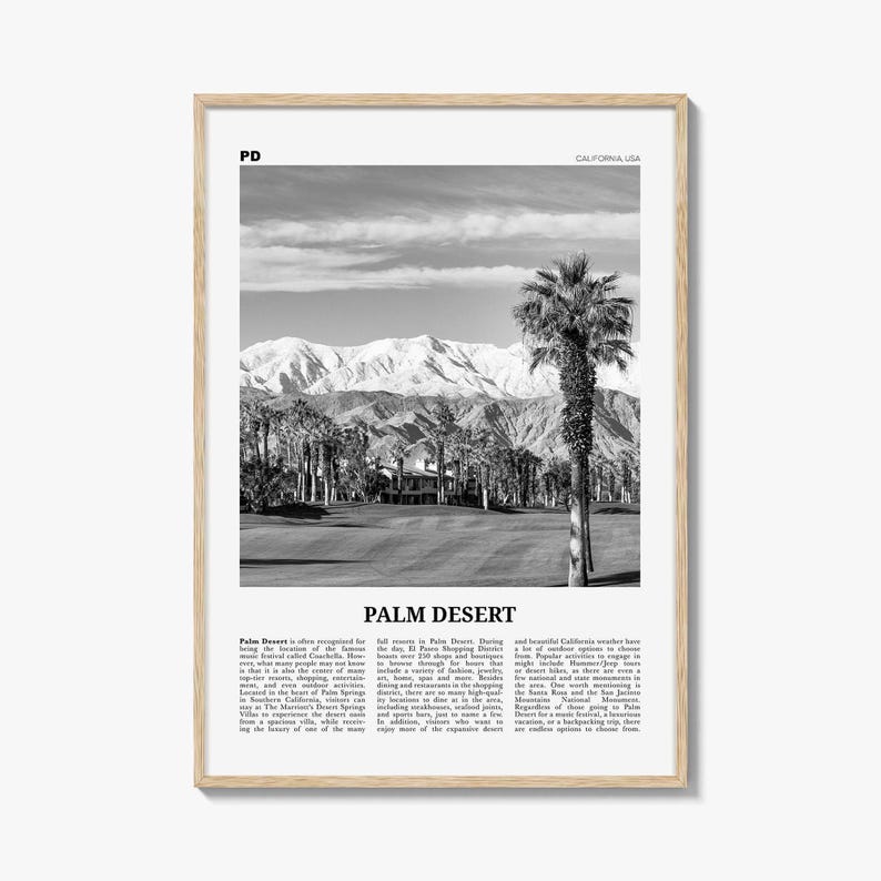Palm Desert Poster Print Black and White, California Travel Wall Art, Palm Springs Decor image 1