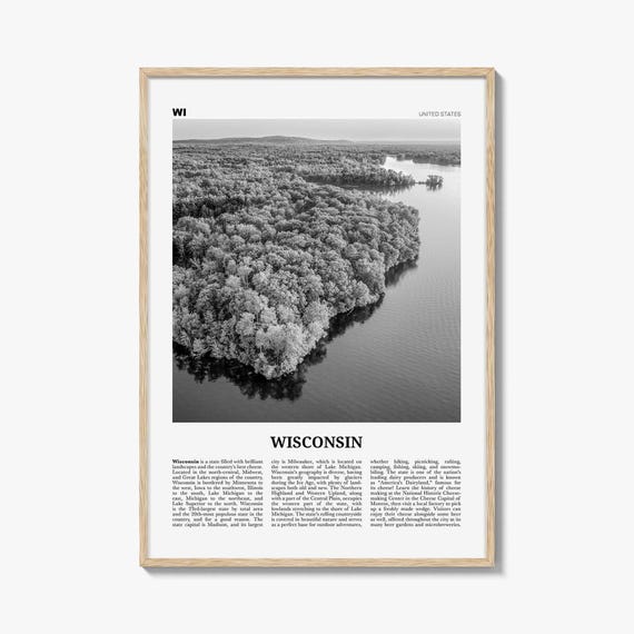 Wisconsin Poster Print Black and White, United States Travel Wall Art, Midwest Nature Decor