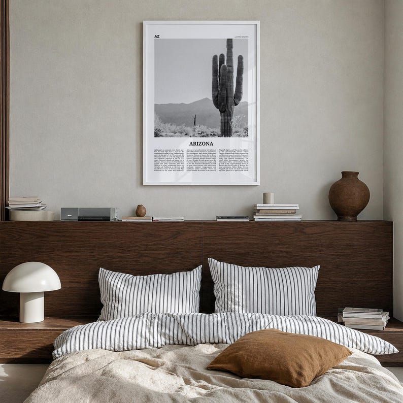 Arizona Poster, Black and White Photo Print, Travel Newspaper Wall Art, Home Decor Premium White Wood Frame
