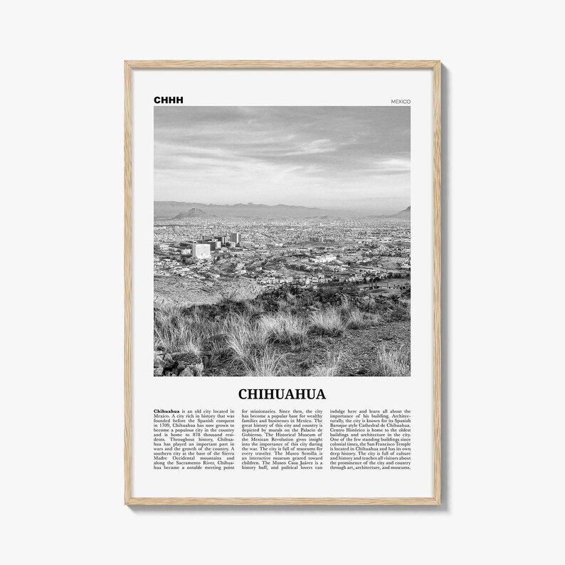 Póster de Chihuahua en blanco y negro, arte mural de viaje a México, decoración fotográfica urbana. imagen 1