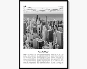 Chicago Poster, Black and White Photo Print, Travel Newspaper Wall Art, Home Decor
