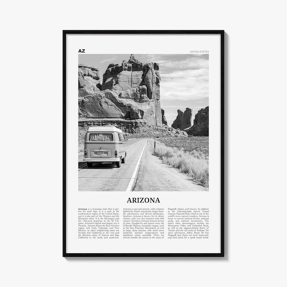 Arizona Poster, Black and White Desert Photo Print, Travel Newspaper Wall Art