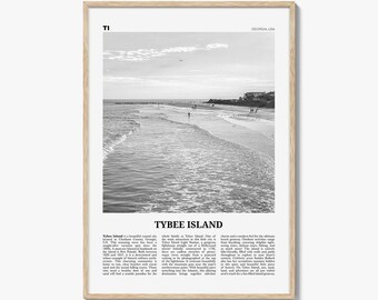 Póster de la isla Tybee en blanco y negro, arte mural de viajes de Georgia, fotografía costera
