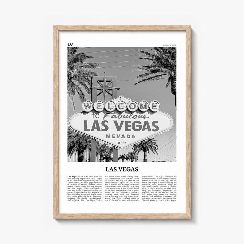Las Vegas Poster, black and white palm photo print in a natural wood frame
