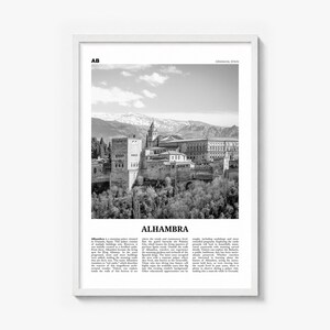 Alhambra Poster, black and white photo print in a white wood frame
