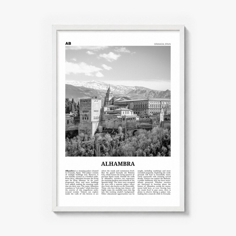 Alhambra Poster, black and white photo print in a white wood frame