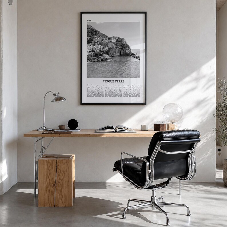 Cinque Terre Poster, Black and White Photo Print, Travel Newspaper Wall Art, Home Decor Premium Black Wood Frame