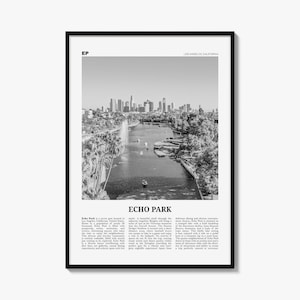 May include: A black and white framed wall art print featuring a landscape photograph of Echo Park Lake in Los Angeles, California. The image shows the lake, palm trees, a fountain, and the city skyline. Text includes EP, LOS ANGELES, CALIFORNIA, and ECHO PARK.
