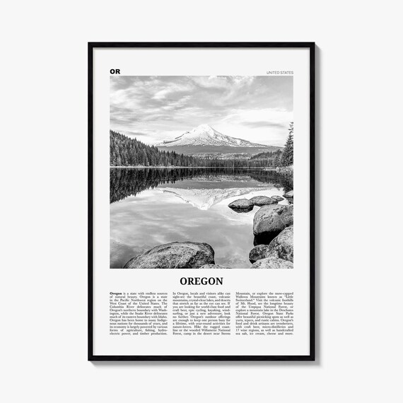 Oregon Poster, Black and White Lake Photo Print, Travel Newspaper Wall Art