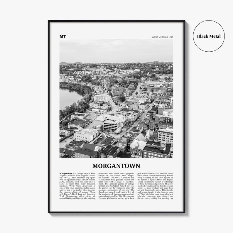 Morgantown Poster Print Black and White, West Virginia Travel Wall Art, USA City Decor image 9
