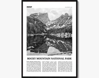 Plakat z Parkiem Narodowym Gór Skalistych, czarno-biały wydruk fotograficzny, sztuka ścienna z gazety podróżniczej