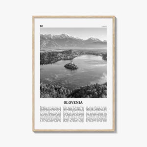 Póster de Eslovenia en blanco y negro, foto del lago Bled, arte mural de viaje por Europa Central imagen 1