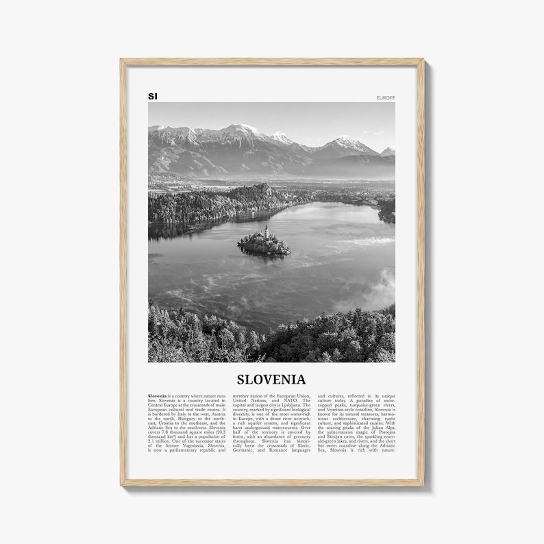 Póster de Eslovenia en blanco y negro, foto del lago Bled, arte mural de viaje por Europa Central imagen 1
