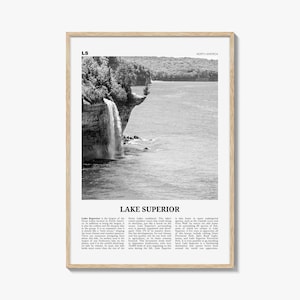 Stampa poster del Lago Superiore in bianco e nero, arte murale di viaggio negli Stati Uniti, natura dei Grandi Laghi