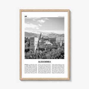 Alhambra Poster, black and white photo print in a natural wood frame