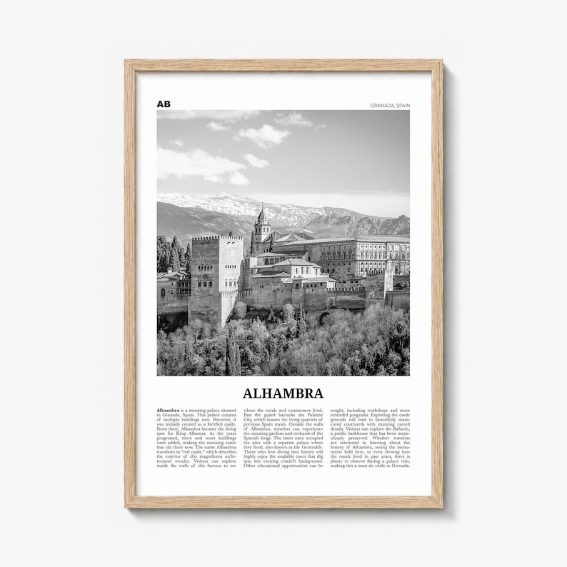 Alhambra Poster, black and white photo print in a natural wood frame