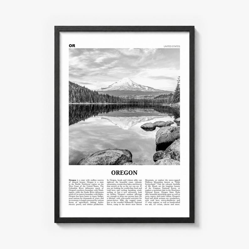 Oregon Poster, black and white lake photo print in a black wood frame