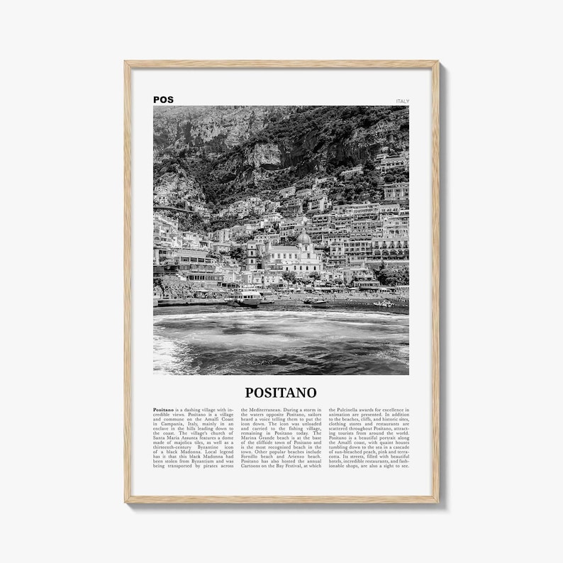 Positano Poster Print Black and White, Italy Travel Wall Art, Amalfi Coast Decor image 1